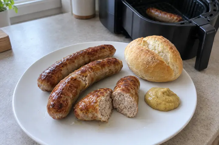 Drei goldbraun gebratene grobe Bratwürste auf einem weißen Teller, eine davon aufgeschnitten, daneben mittelscharfer Senf und ein Brötchen; im Hintergrund die geöffnete Heißluftfritteuse