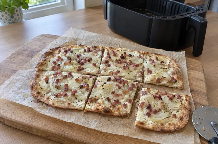 Selbstgemachter Flammkuchen mit Crème fraîche, Zwiebelringen und Speckwürfeln, in Stücke geschnitten auf Backpapier und Holzbrett; daneben ein Pizzaroller, dahinter die geöffnete Heißluftfritteuse