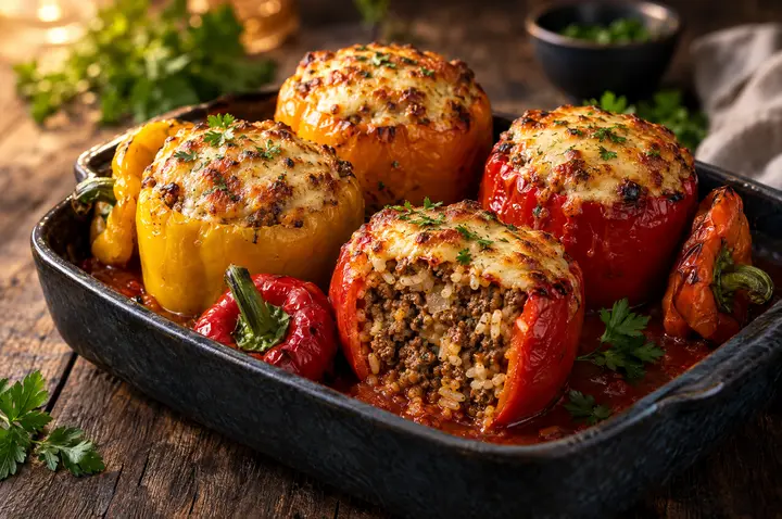 Vier gefüllte Paprika in Rot, Gelb und Orange mit goldbraun überbackenem Käse in einer dunklen Auflaufform mit Tomatensoße, eine aufgeschnitten mit Hackfleisch-Reis-Füllung, daneben die Paprikadeckel und Petersilie auf rustikalem Holztisch