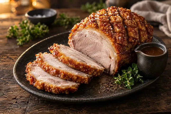 Krustenbraten mit aufgepoppter, rautenförmig eingeschnittener Kruste auf einer dunklen Steingutplatte, vorne drei dicke Scheiben mit saftigem Fleisch, daneben ein Kännchen dunkle Bratensoße und frischer Majoran auf rustikalem Holztisch