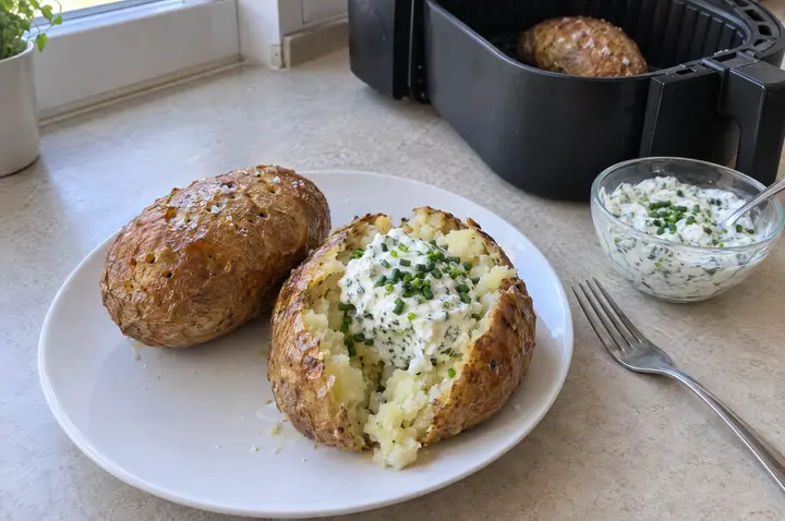 Zwei Ofenkartoffeln mit knuspriger, gesalzener Schale auf einem weißen Teller, eine aufgebrochen mit lockerem Inneren und Kräuterquark mit Schnittlauch; daneben ein Schälchen Quark, dahinter die Heißluftfritteuse