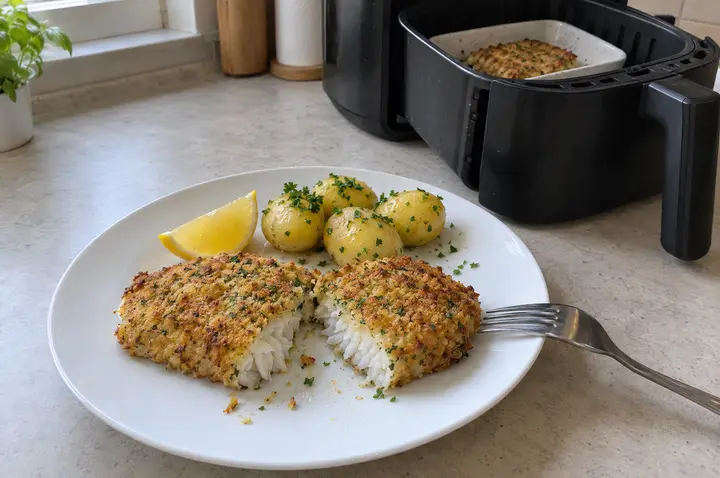 Ein halbiertes Schlemmerfilet mit goldbrauner Kräuterkruste auf einem weißen Teller, innen saftiger weißer Seelachs, dazu Salzkartoffeln mit Petersilie und eine Zitronenspalte; im Hintergrund die geöffnete Heißluftfritteuse