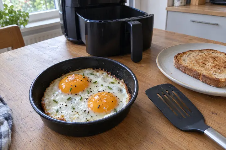 Zwei Spiegeleier mit fest gestocktem Eiweiß, leicht knusprigem Rand und glänzend flüssigem Eigelb in einer kleinen dunklen Backform, bestreut mit Pfeffer und Schnittlauch, daneben Toast; im Hintergrund die geöffnete Heißluftfritteuse
