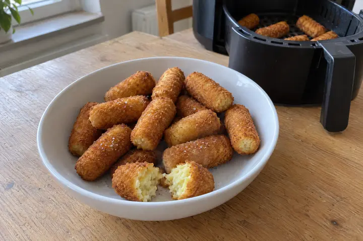 Eine weiße Schüssel mit goldbraunen, knusprigen Kartoffelkroketten, davor eine aufgebrochene Krokette mit lockerer Kartoffelfüllung; im Hintergrund die geöffnete Heißluftfritteuse