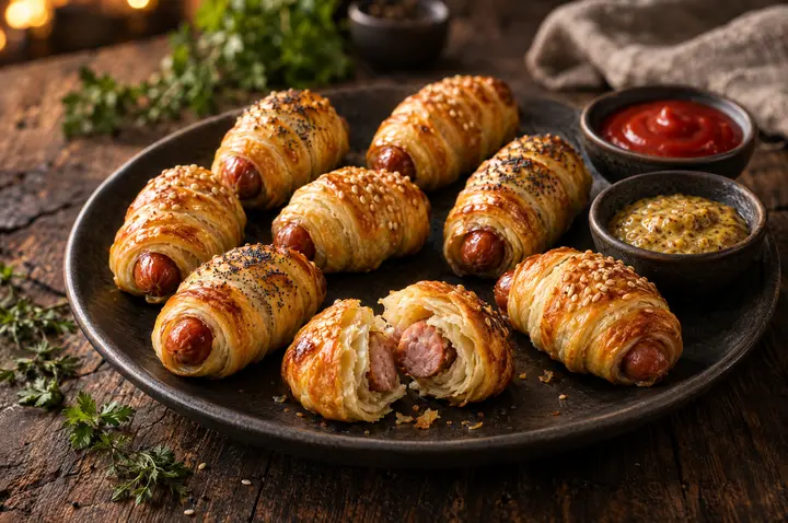 Acht Würstchen im Schlafrock aus goldbraunem, blättrigem Blätterteig mit Sesam und Mohn auf einem dunklen Steingutteller, eines aufgebrochen, daneben Schälchen mit Senf und Ketchup auf rustikalem Holztisch